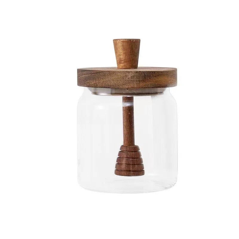 Glass and wood honey pot