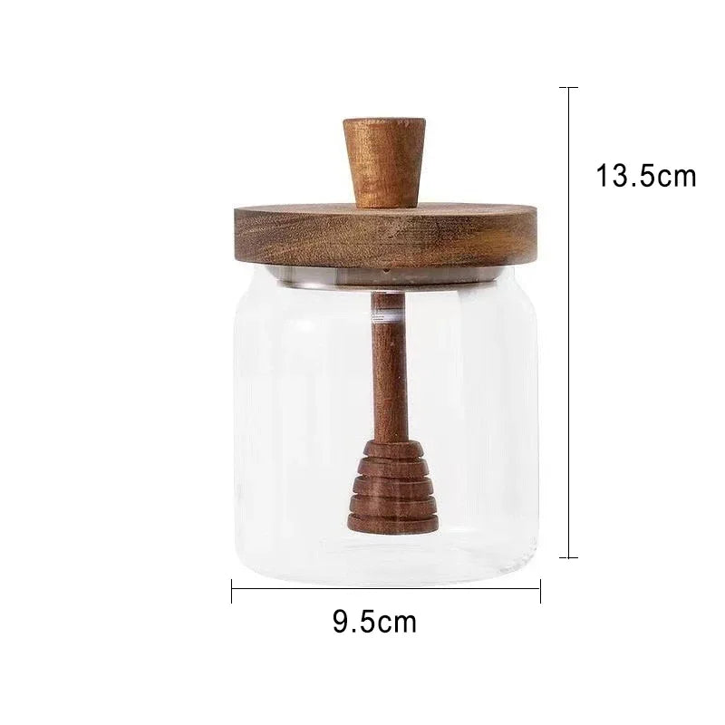 Glass and wood honey pot