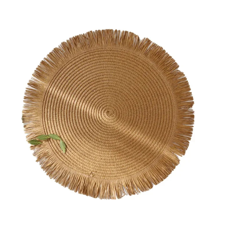 Hand-woven round placemat with fringes
