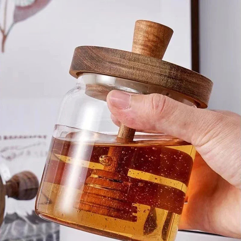 Glass and wood honey pot