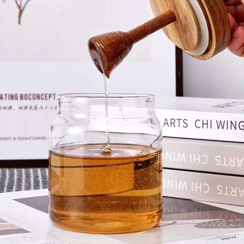 Glass and wood honey pot