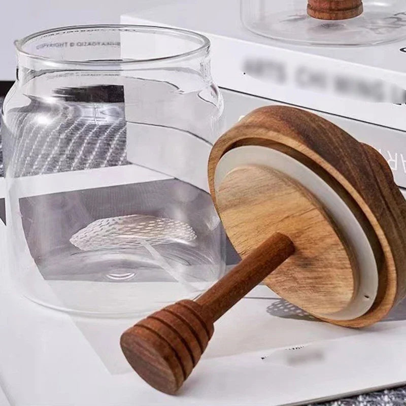 Glass and wood honey pot